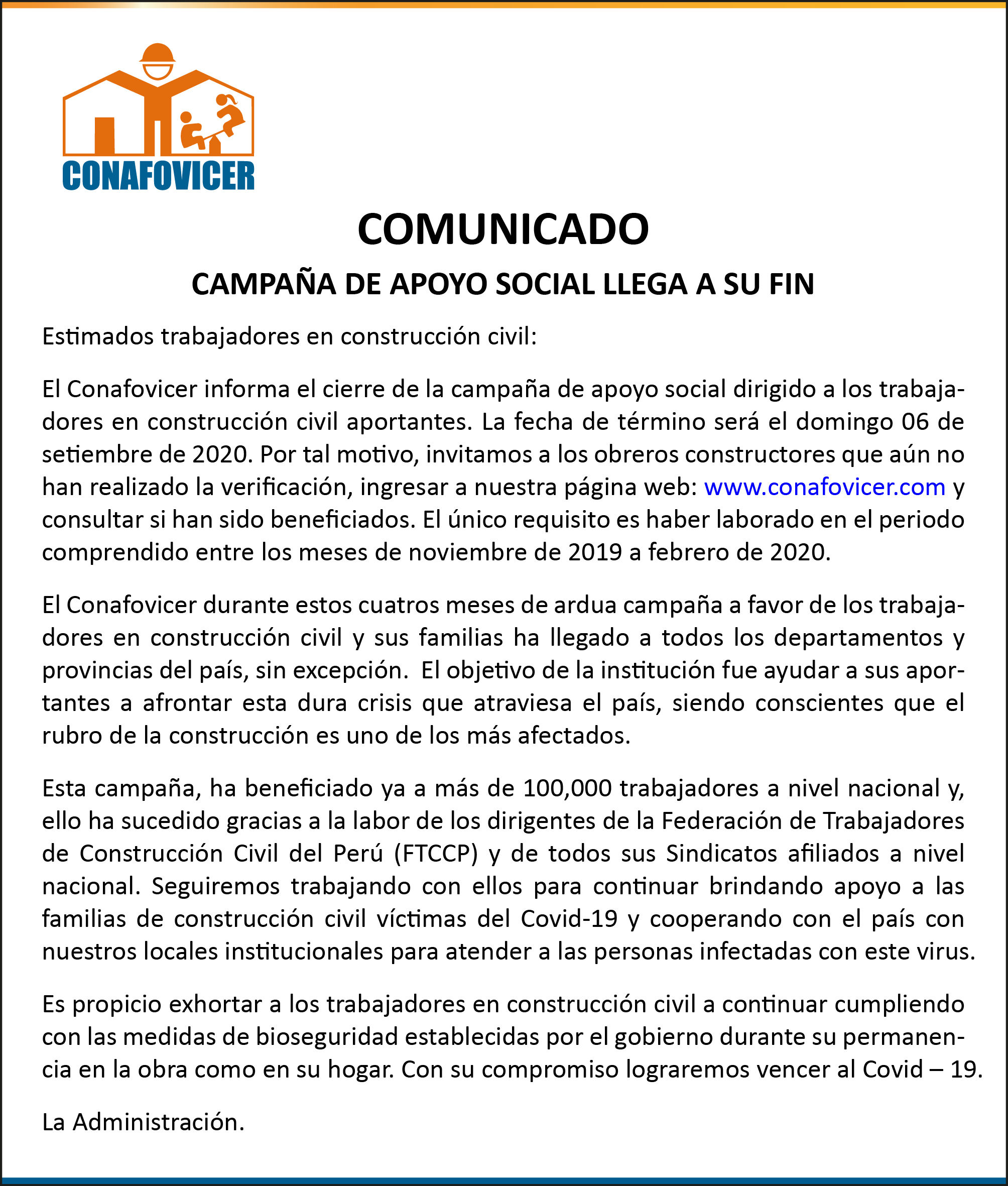 COMUNICADO CIERRE DE CAMPAÑA 01
